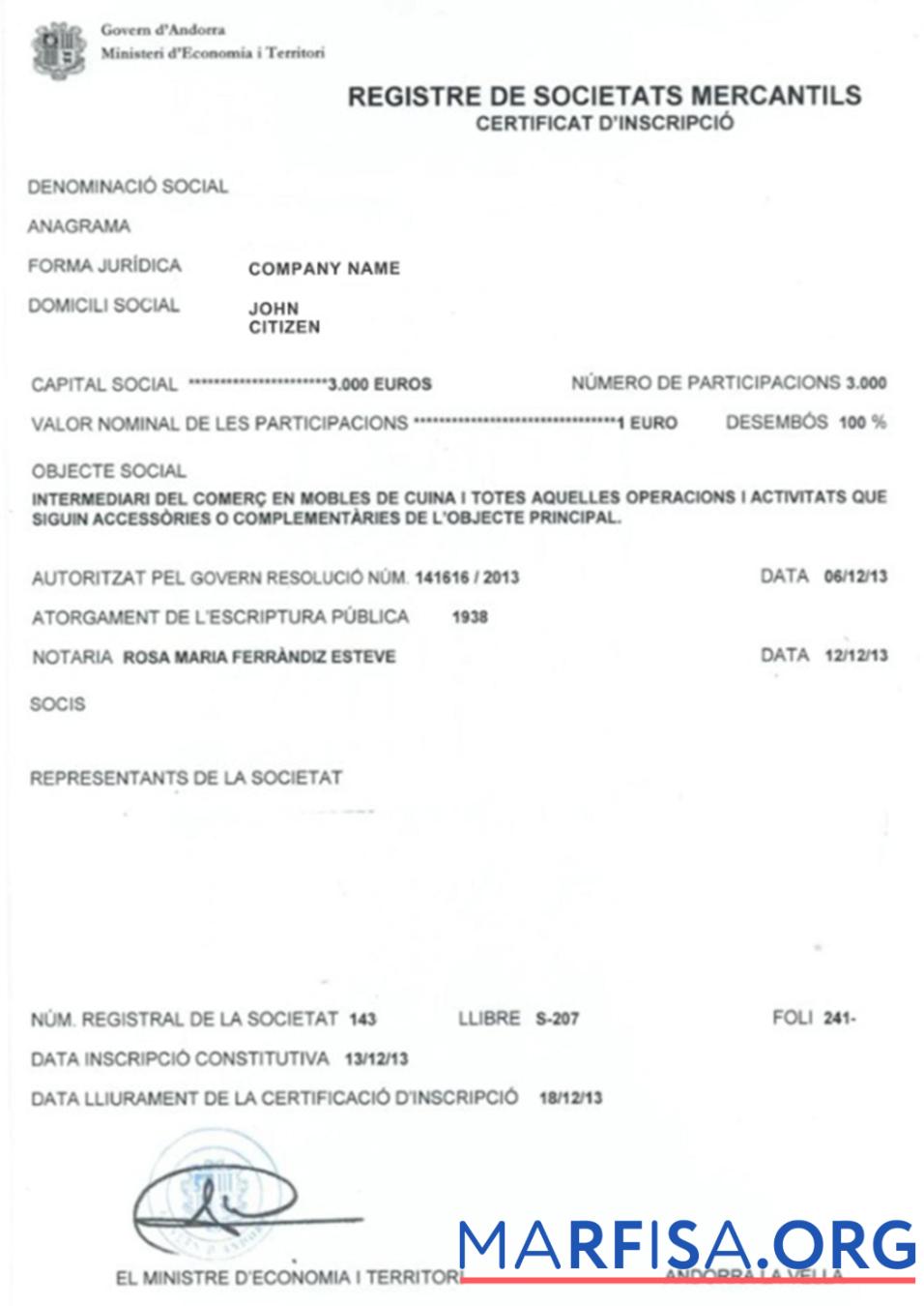 Downloadable Andorra Business Registration Certificate real example